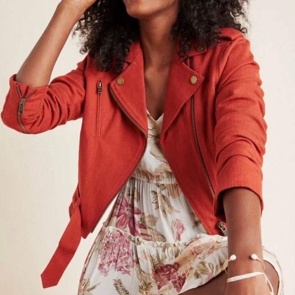 FRYE X ANTHROPOLOGIE Vita Crop Moto Jacket Womens Small Burnt Orange Cotton Zip